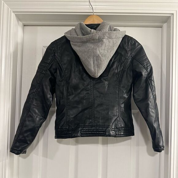 Kids Coogi jacket vegan leather moto hooded black size 10/12 - Picture 2 of 6
